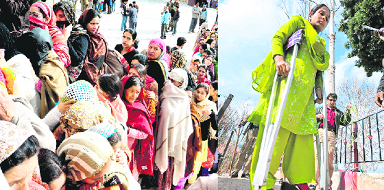 Voters throng a polling booth in Kishtwar district on Wednesday; and (right) a physically challenged woman comes after casting her vote at a polling booth in Bhaderwah.