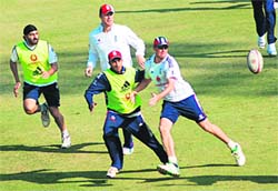 England team members engaged in a fitness drill at the PCA Stadium in Mohali on Wednesday.