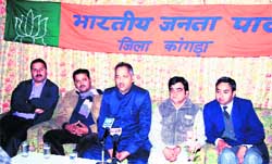 Jai Ram Thakur, president of the state unit of the BJP, at a press conference in Dharamsala