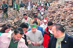 Former Chief Minister Virbhadra Singh among affected people at Solang village, 13 km from Manali