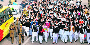 Students of Government College for Women demonstrate in support of their demands in Jammu on Thursday.