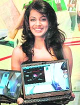 Former Miss India and model-turned-star, Mugdha Godse at the launch of Samsung notebook PC in New Delhi on Friday. Samsung India announced its foray into the portable PC segment with a comprehensive line up of notebook PCs and into fast-growing Netbook segment with its N series