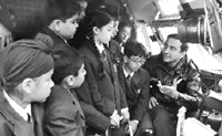 Schoolchildren being shown the cockpit of an aircraft at the Air Force Station in Chandigarh on Friday.