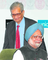Prime Minister Manmohan Singh with Amartya Sen during an international conference on development, freedom and welfare in New Delhi on Friday.