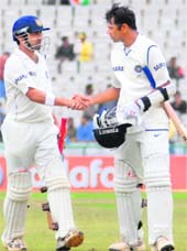 Gambhir and Dravid at close of first days play in the second Test at Mohali. 