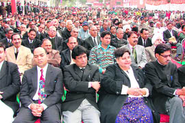 People attend a mega lok adalat in the judicial complex in Kurukshetra on Saturday.