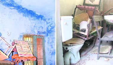 Seepage in a room at the dispensary at Jaspal Bangar village which affects the storage of medicines; and (right) a toilet or storeroom?