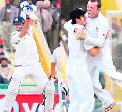 From Left: Rahul Dravid hits a cracking shot while Englands Graeme Swann (R) celebrates a wicket during the second day of the second Test at Mohali