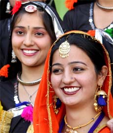 Girls dressed up in traditional Punjabi costume at the annual prize distribution function of SSD Girls College in Bathinda