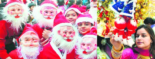 Christmas celebrations at Ryan International School; and (right) Christmas goodies grab attention of a customer at a gift shop in Chandigarh