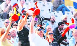 English fans root for their team during the cricket match at the PCA Stadium 