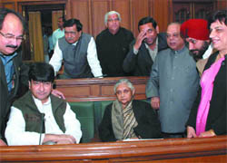 Chief Minister Sheila Dikshit with her cabinet ministers at the Vidhan Sabha in New Delhi on Monday.