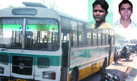 The Blueline bus that drives into two youths, Deepak Joshi and Rajiv Yadav (inset), at Bhairon Marg near Pragati Maidan in New Delhi on Monday.