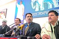 National BSP general secretary (third from left) addresses mediapersons in Jammu on Tuesday. 