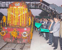 Indian Railways member Raj Kamal Rao flags off rack-railway in Gurgaon on Wednesday.