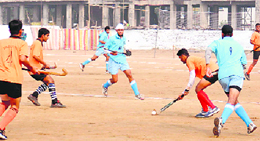 Players in action at Gurukul University at the National Inter-University Hockey Championship.
