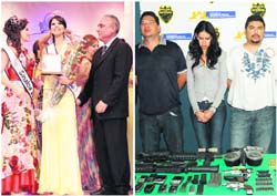 In this two-image composite, Laura Zuniga is crowned as Miss Sinaloa state (left) in Mazatlan, Mexico, on July 8, 2008 and is being shown to the press with unidentified gunmen after her arrest in Zapopan, Mexico, on Tuesday.