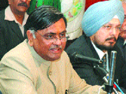 Local bodies minister Manoranjan Kalia addresses mediapersons in Jalandhar.