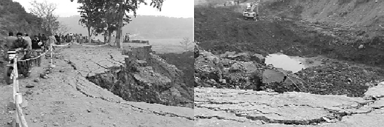 A stretch of the Pinjore-Mallah link road that was damaged during digging by the NHAI on Friday.