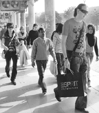 Foreign tourists shop at Sector 17 plaza in Chandigarh on Friday.