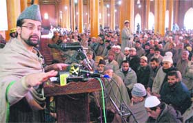 Mirwaiz Umar Farooq, chairman of the moderate Hurriyat faction, addresses the Friday gathering in Srinagar