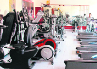 Health equipment on display at a fitness store in Dehradun.