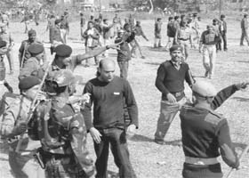 The police in action after junior doctors of Rajendra Institute of Medical Sciences clashed with villagers in Ranchi