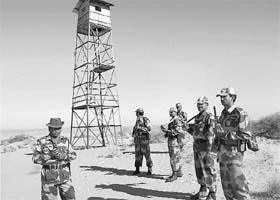Border Security Force personnel on a vigil in the western sector of India-Pakistan border near Bikaner in Rajasthan