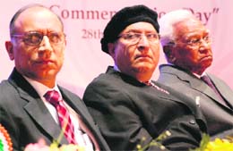 (From L) Dr R B Grover, director, strategic planning, department of atomic energy, Prof R C Sobti, VC, Panjab University, and Dr A R Kidwai, Governor, Haryana, during Shri Dhirubhai Ambani Commemoration Day and Indo-US joint symposium held at PU today.