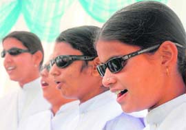 Students of Blind Institute sings a welcome song at the foundation stone-laying ceremony of Sensory Park in Chandigarh on Sunday. 