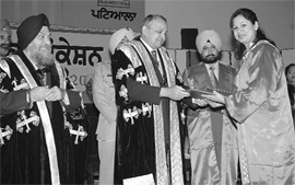 Punjab Governor Gen SF Rodrigues (retd) presents degrees to students during the 32nd convocation of Punjabi University, Patiala, on Monday.