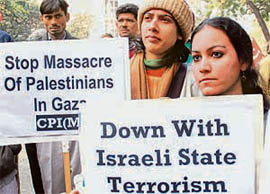 CPM activists hold a protest demonstration against the Israeli attack on Palestinians in Gaza, in New Delhi on Tuesday.