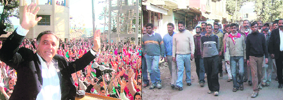 Former Transport and Tourism Minister and Congress MLA from Nagrota GS Bali addresses a rally at Nagrota Bagwan on Wednesday; and (right) residents take out a silent march.