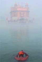 Beating the chill, a devotee takes a holy dip in the sarovar of the Golden Temple in Amritsar