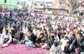 People gather at the Sohna chowk in Gurgaon on Friday to attend a panchayat against alleged police excesses