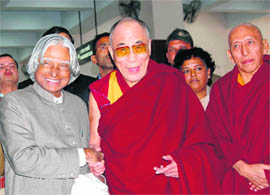 The Dalai Lama welcomes former President A.P.J. Abdul Kalam at Kangra Airport on Friday.