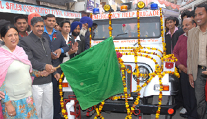 Sarup Chand Singla, area in-charge, SAD (B), and Gurinderpal Kaur Mangat, deputy mayor, BMC, giving green signal to an Emergency Help Brigade of Noujawan Welfare Society that was inaugurated in Bathinda on Sunday.