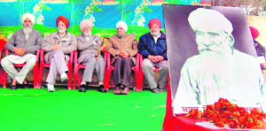 Communist leaders at the annual mela to pay tributes to Baba Sohan Singh Bhakna, founder of the Ghadar Party, on his birth anniversary at Bhakna Kalan village, near Khasa in Amritsar district, on Sunday.