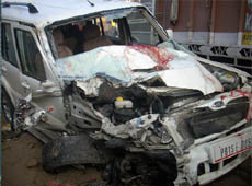 Wreckage of the ill-fated four-wheeler which met with an accident in Abohar on Monday.