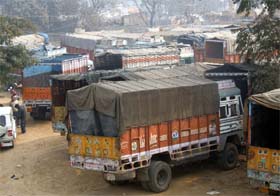 All-India Transporters strike affected the Cyber City too as many trucks stand at Jharsa Road in Gurgaon