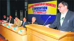 Chaman Lal, president, Haryana Federation of Engineers, addresses a convention in Karnal