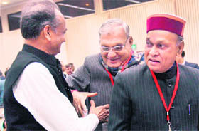 Rajasthan chief minister Ashok Gehlot, Haryana chief minister Bhupinder Singh Hooda and Himachal Pradesh chief minister P K Dhumal at the conference of chief ministers on internal security in New Delhi on Tuesday.