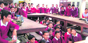 Students of Government Senior Secondary School participating in the road safety campaign organised by PTU at Nurpur on Tuesday.