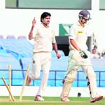 Tamil Nadus L Balaji (L) reacts after taking the wicket of Uttar Pradeshs Mohd Kaif on the third day of the Ranji Trophy semifinal in Nagpur on Tuesday. UP were 253 for three at stumps in reply to Tamil Nadus 445 in the first innings. Balaji picked up two wickets for 53 runs.  PTI 