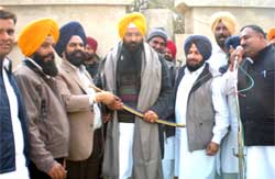 SAD youth wing president Kiranbir Singh Kang being presented a sword as a memento in Abohar on his first visit to the area