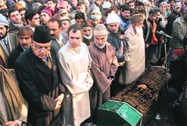 Chief Minister Omar Abdullah and NC patron Farooq Abdullah join others at the funeral prayers for former Chief Minister GM Shah in Srinagar on Wednesday.
