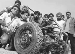 Students of UIET, Panjab University, with their single-seater car in Chandigarh.