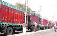 Trucks lined up at Link Road during the protest rally by transporters in Ludhiana on Saturday