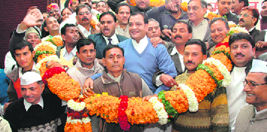 Uttarakhand Pradesh Congress Committee president Yashpal Arya (in blue) and other party leaders at the Dalit Swabhimaan Sammelan in Dehradun on Sunday.