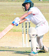 A batsman strikes the ball during a match between Swami Satyamitranand School and Saraswati Shishu Mandir at the District Inter-School Tournament in Haridwar on Sunday.